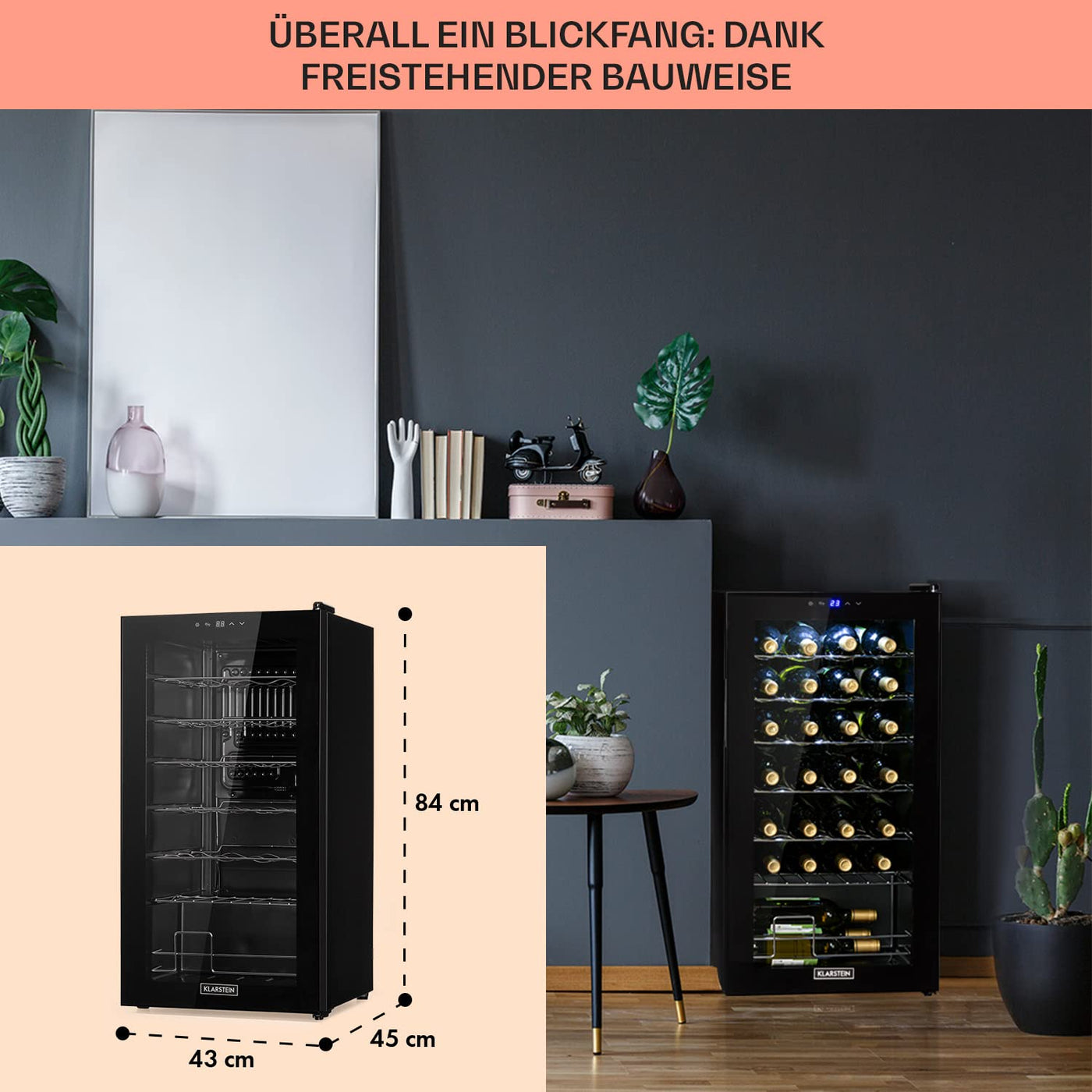 Klarstein Weinkühlschrank, 1 Zonen Getränkekühlschrank Klein, Kleiner Weinschrank 74L, Wein-Kühlschrank Klein mit Glastür, Indoor/Outdoor Flaschenkühlschrank, Wine Fridge 5-18°C, 28 Flaschen