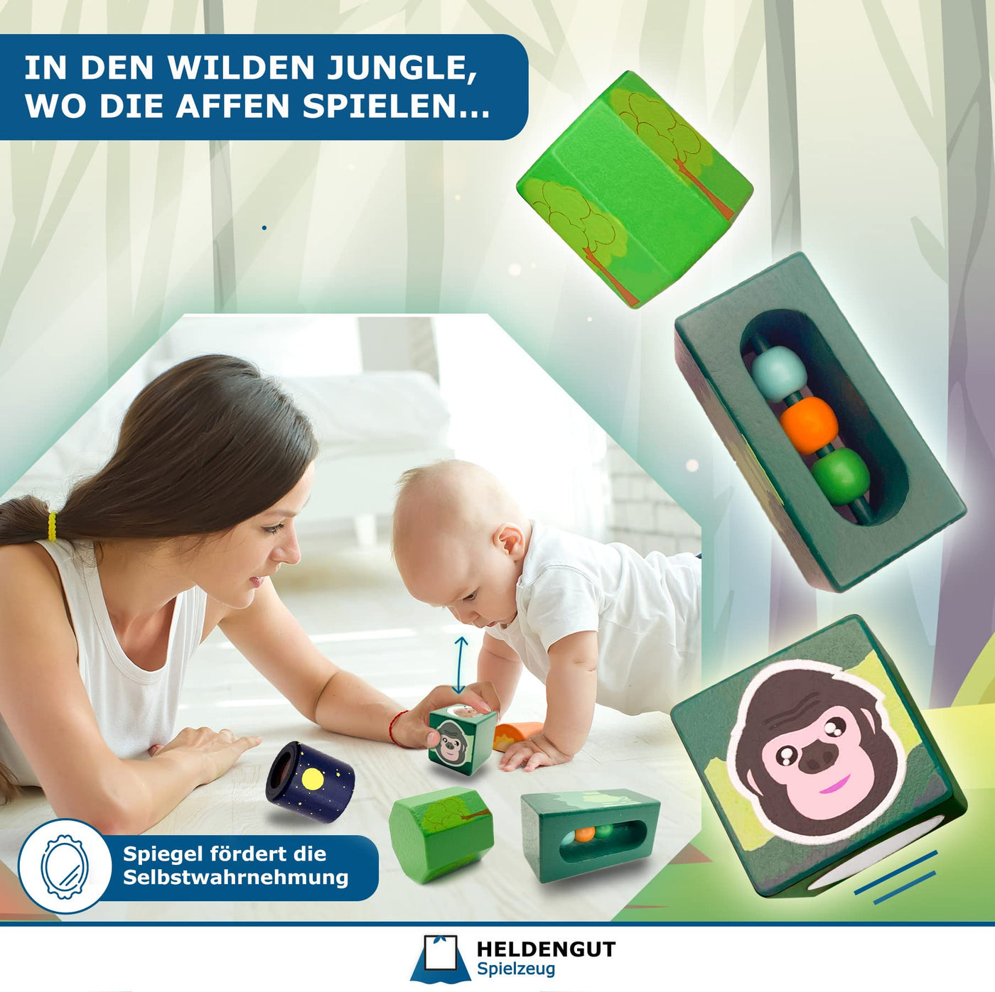 HELDENGUT® ‘Um-Die-Welt’ Klangbausteine für Babys - Baby Bausteine aus hochwertigem Bauklötze Holz - Pädagogisches Montessori Spielzeug Baby ab 1 Jahr für Mädchen & Junge