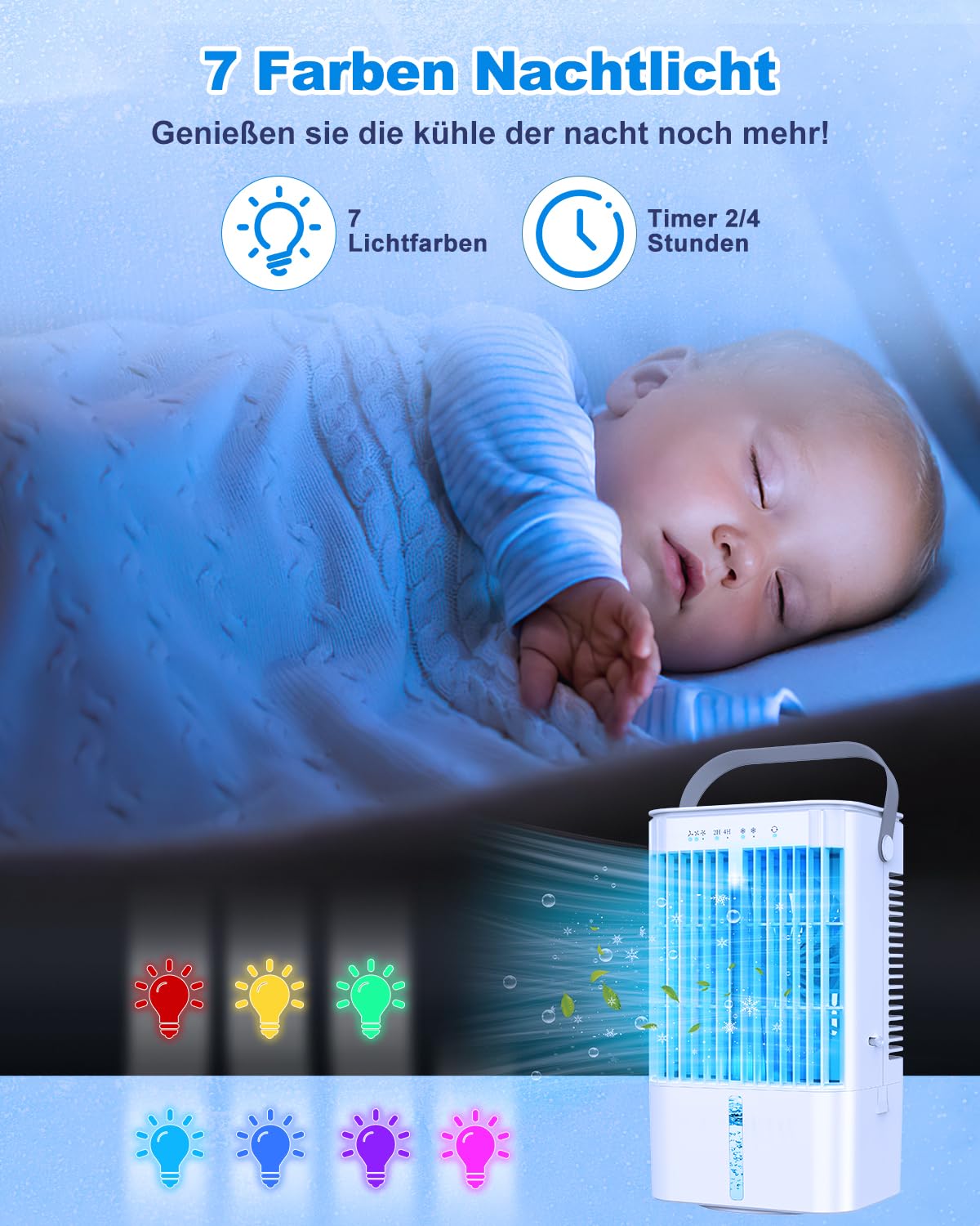 RenFox Mobiler Klimaanlage 4 in 1 Energiesparender Mini Luftkühler mit großem wassertank (1200 ml), 3-Stufen Verdunstungskühlung, 7 Farb-LED, Timer und geräuscharm für Home Office und Schlafzimmer