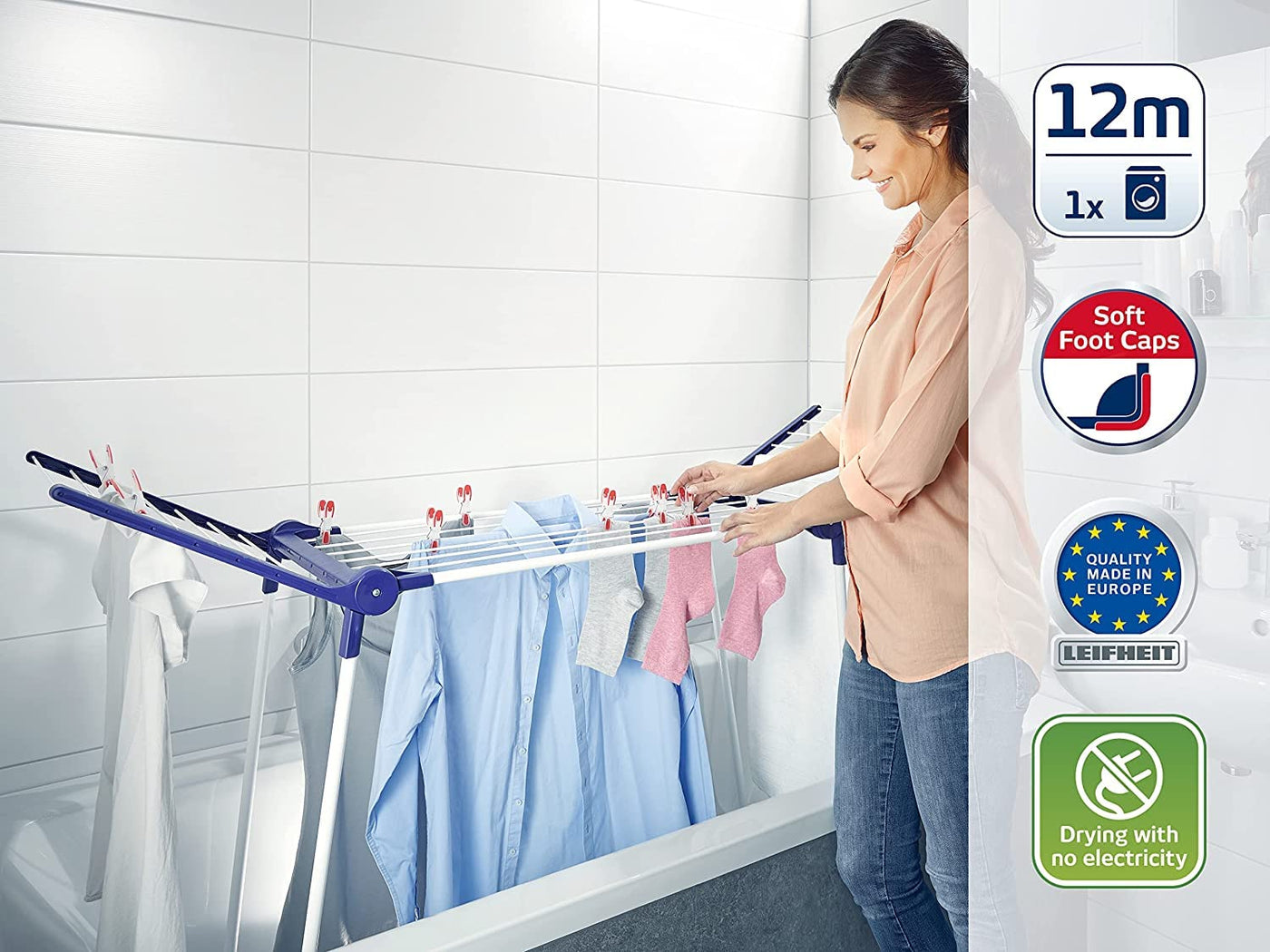 Leifheit Standtrockner Pegasus 120 Solid Compact, standfester Badewannentrockner mit Flügeln, platzsparendes Trocknen in der Badewanne, sehr kleiner Flügelwäschetrockner für Single Haushalte