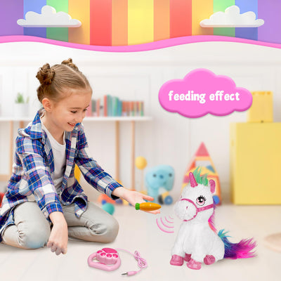 YH YUHUNG Einhorn Spielzeug mit Leine, Elektrischer Plüschtier Pony mit Lauf- und Soundfunktion - das Horn leuchtet