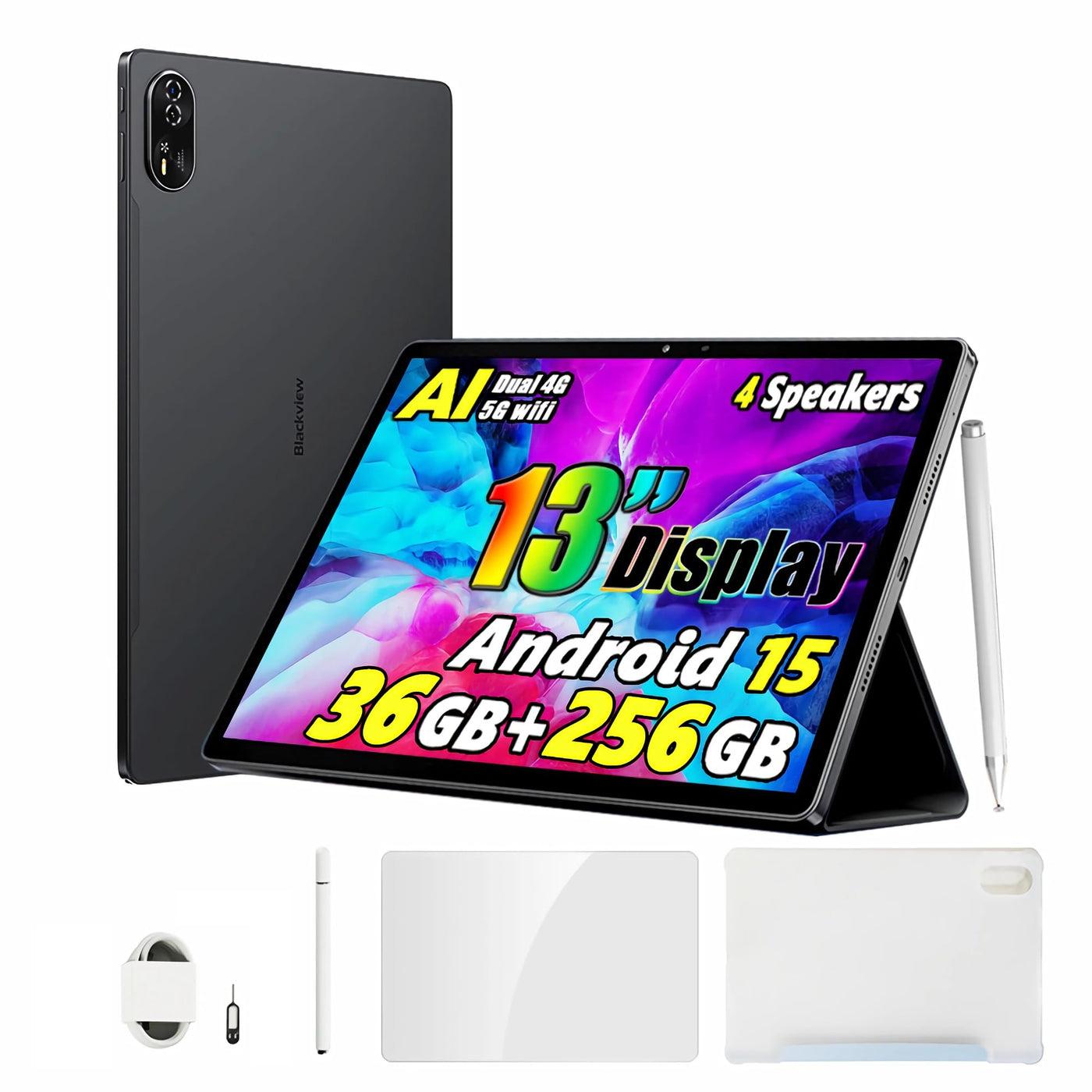 Blackview Mega 8 13 Zoll Tablet Android 15, 36GB+256GB+2TB Erweiterung, Quad-box Speakers, 2K FHD+ Gaming Tablet AI, 4G LTE 5G WiFi, 50MP AI Camera,11000mAh,PC Mode, Hülle+Intelligenter Stift, Schwarz