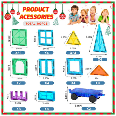 100PCS Magnetische Bausteine mit 2 Autos Magnetbausteine Kinder Magnetspiel Montessori Magnet Bausteine Magnetic Tiles Building Blocks Weihnachts Magnete Geschenk Spielzeug ab 3 4 5 6 7+ Junge Mädchen