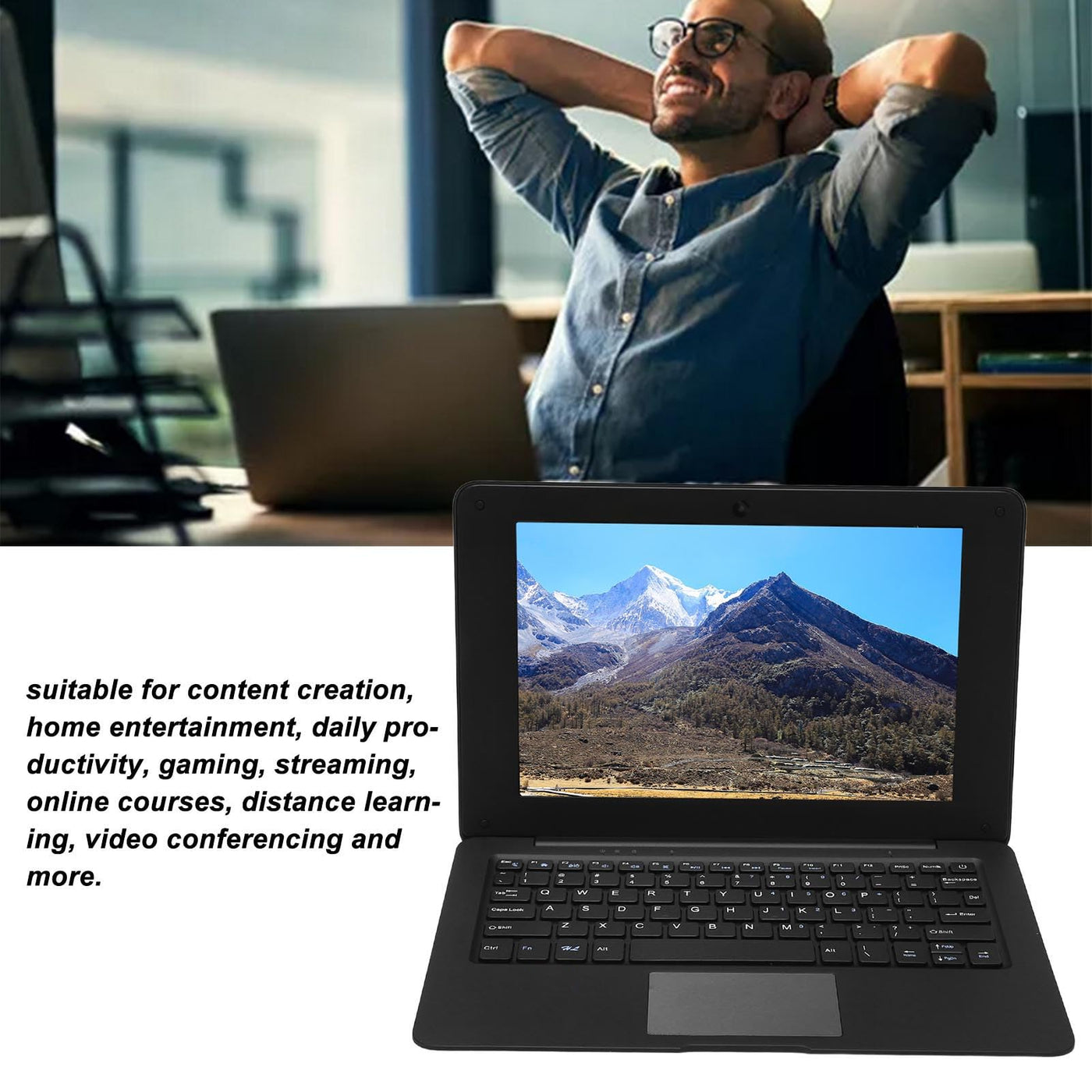 Vikye Laptop-Computer, 10,1'' LCD, 3 GB RAM, 64 GB ROM Notebook, 2,4 GHz Dual-Core-CPU, Business-Laptop für Win 10, 2500 MAh, für Büro, Reisen, Zuhause (EU-Stecker 3G+64G)