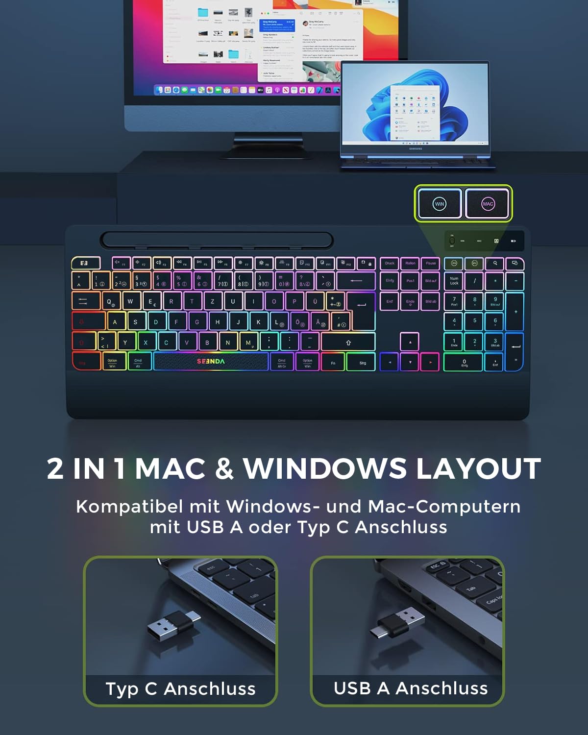 seenda Tastatur Maus Set kabellos beleuchtet, wiederaufladbare USB & Typ C Funktastatur mit Maus mit Handyhalter und Handballenauflage für PC/Windows/Mac, leise Klicken & QWERTZ Layout, Schwarz