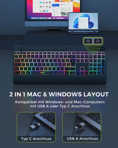 seenda Tastatur Maus Set kabellos beleuchtet, wiederaufladbare USB & Typ C Funktastatur mit Maus mit Handyhalter und Handballenauflage für PC/Windows/Mac, leise Klicken & QWERTZ Layout, Schwarz
