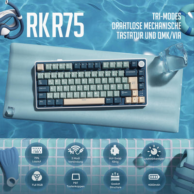 RK ROYAL KLUDGE R75 Mechanische Tastatur Kabellos 75%, Gasket Gaming Tastatur 75 Prozent TKL mit Knopf QWERTZ RGB Bluetooth/2.4G/USB-C PBT Tastenkappen QMK/VIA, Hot Swap Linearer Creamy Switches