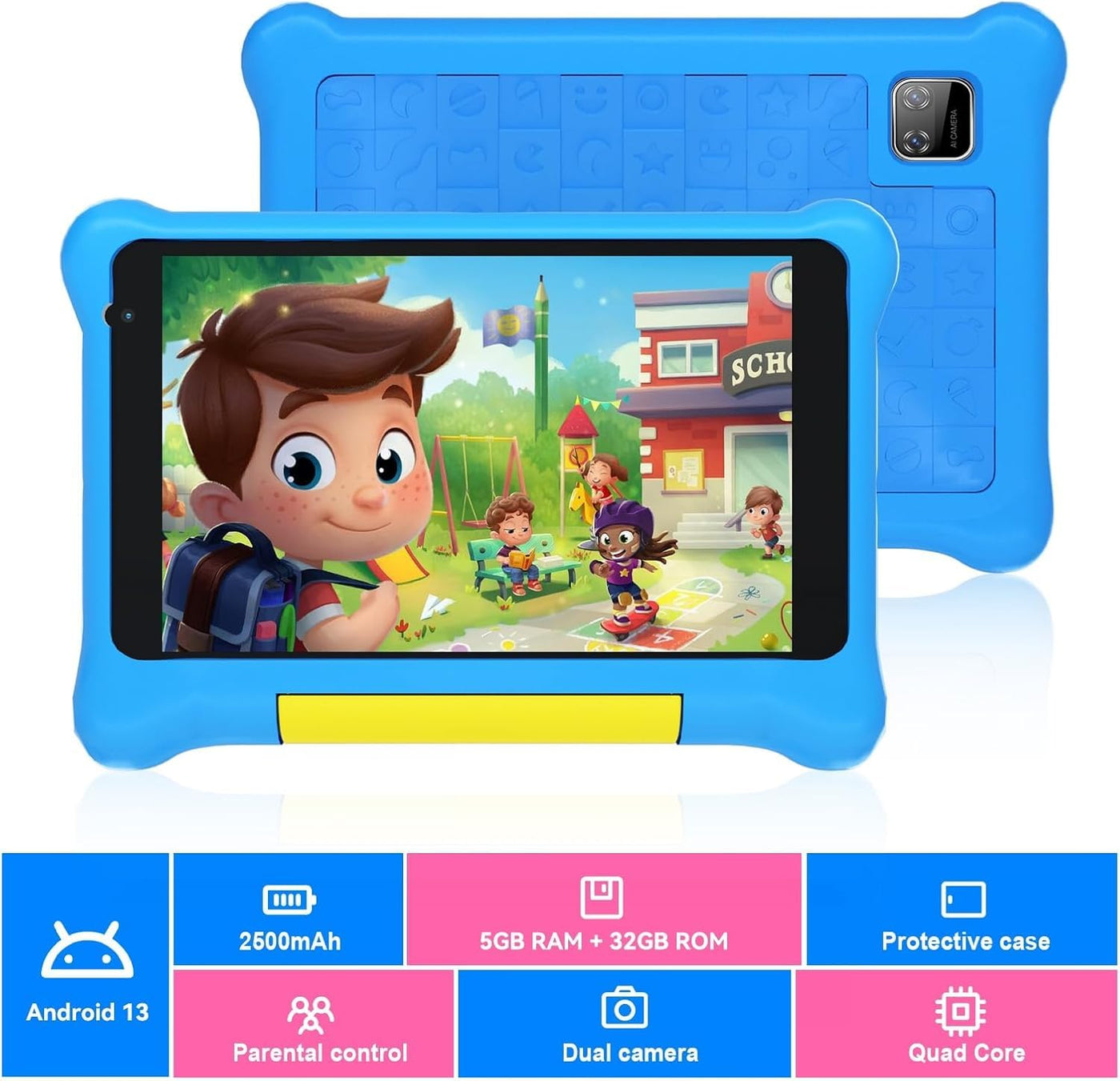 Yicty Kinder Tablet 7 Zoll Android Tablet für Kids 5GB RAM 32GB ROM Kindersicherung IPS HD Bluetooth WiFi Quad Core Dual-Kameras Children's Tablets PC mit Schutzhülle (Blue)
