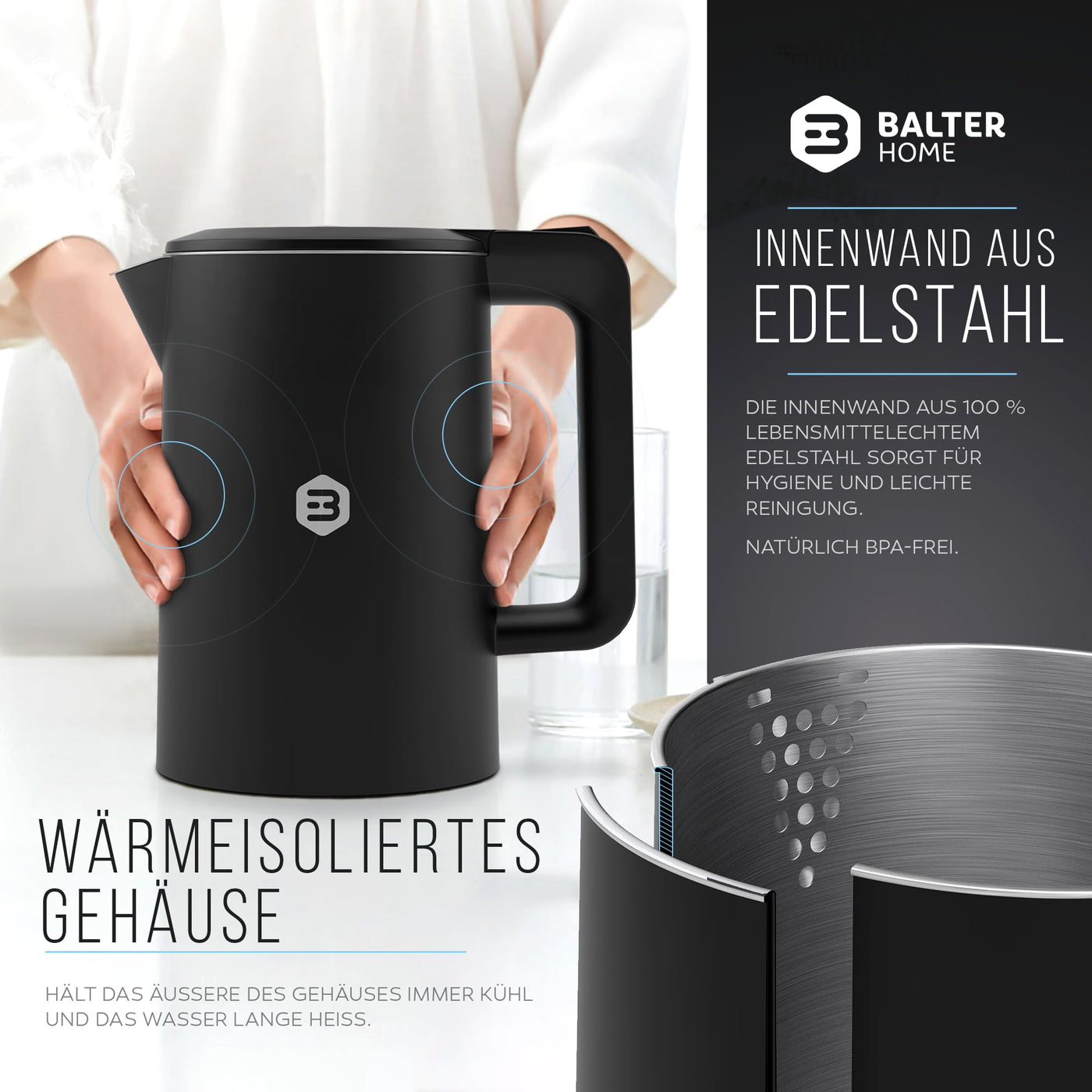 Balter Wasserkocher Edelstahl WK-4, 1,7 Liter, elektrischer Wasserkocher, Doppelwand Design, BPA frei, LED, Teekocher Kompakt, leise, Grau