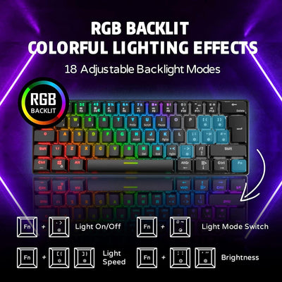 RK ROYAL KLUDGE RK61 Mechanische Tastatur 2,4 GHz Kabellose/Bluetooth/Verkabelte 60% Gaming Tastatur RGB-Beleuchtung Hot-Swap-fähiger Blauer Schalter, Kompatibel für Win/Mac, Schwarz (QWERTZ)