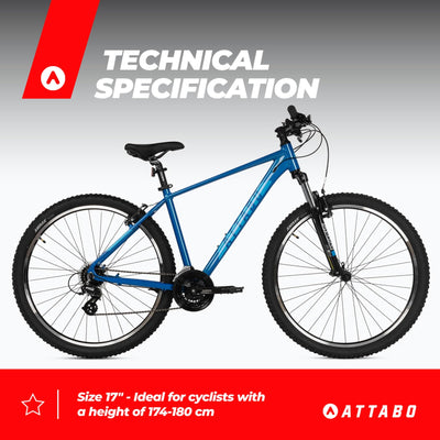 ATTABO Alpe 1.0 Herren Mountainbike 17″ Aluminiumrahmen – SR Suntour XCE 28 Federgabel 100 mm, Shimano 21‑Gang, V‑Brake, ergonomischer Lenker, Verstellbarer Sattel, Blau, 29