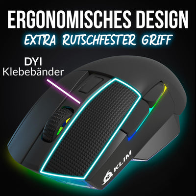 KLIM Blaze X RGB + NEU 2024 + Wiederaufladbare kabellose Gaming-Maus mit Ladestation + Langlebiger Akku + Bis zu 12000 DPI + Kabelgebundene & kabellose Maus PC, PS5, PS4, Mac + Schwarz