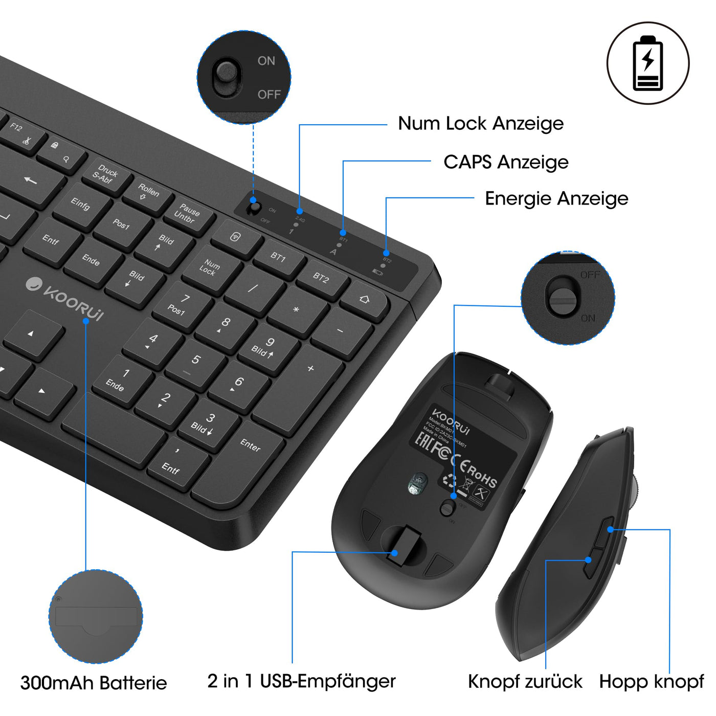 KOORUI Tastatur und Maus Kabellos, Wiederaufladbar Leise Maus Tastatur Set Deutsches Layout QWERTZ mit 12 Funktionstasten 2.4 GHz Tastatur Maus Set für Windows, MacOS, Linux -Schwarz