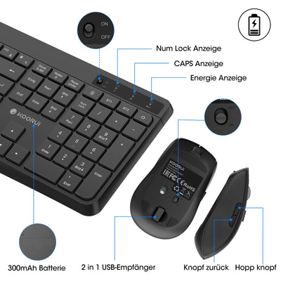 KOORUI Tastatur und Maus Kabellos, Wiederaufladbar Leise Maus Tastatur Set Deutsches Layout QWERTZ mit 12 Funktionstasten 2.4 GHz Tastatur Maus Set für Windows, MacOS, Linux -Schwarz