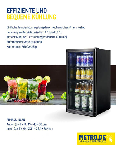 METRO Professional Mini-Kühlschrank GPC1088, 88 L, 1.052 kWh/24h, 3 Edelstahl-Drahtböden, schwarz