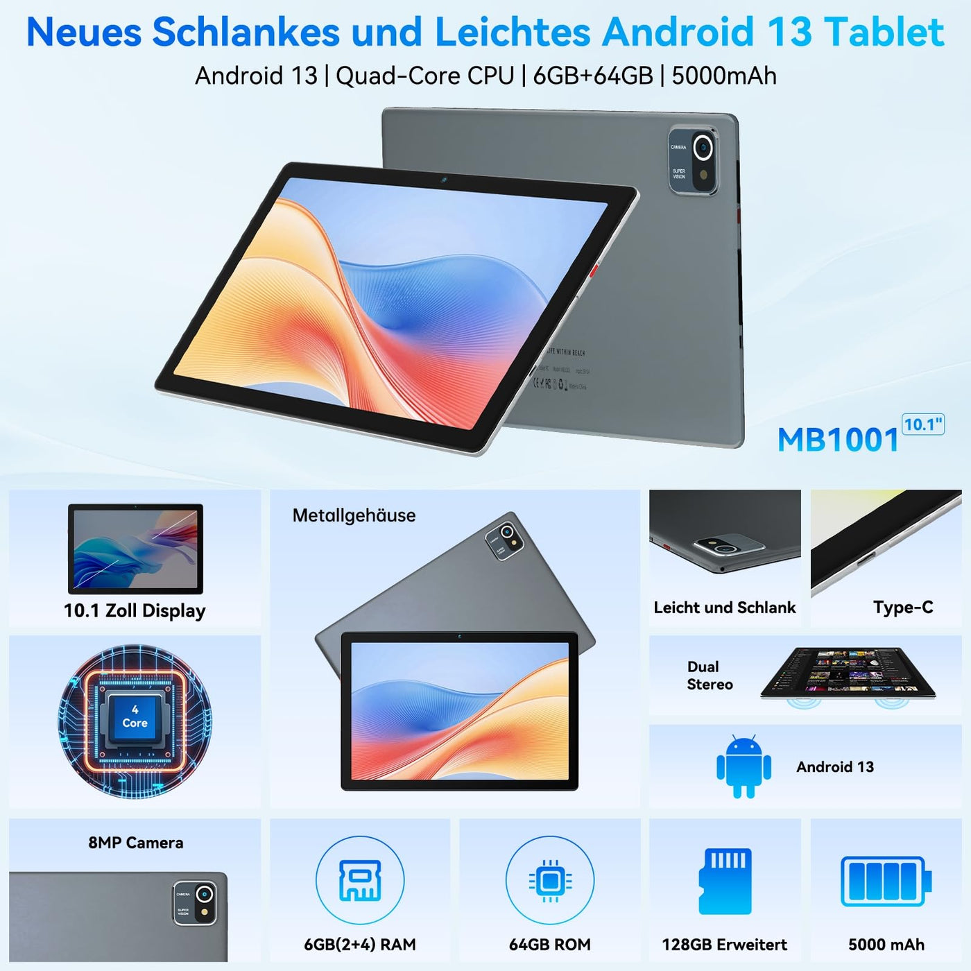 Yicty Tablet 10 Zoll Android Tablets 6 GB RAM + 64 GB ROM Quad-Core 5000 mAh 1280 x 800 HD-Touchscreen 5MP + 8 MP HD-Kamera Bluetooth 5.2 Tablet-PC (Grau)