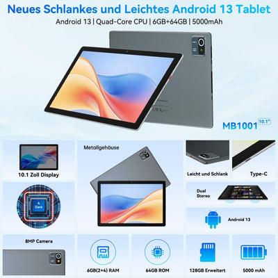 Yicty Tablet 10 Zoll Android Tablets 6 GB RAM + 64 GB ROM Quad-Core 5000 mAh 1280 x 800 HD-Touchscreen 5MP + 8 MP HD-Kamera Bluetooth 5.2 Tablet-PC (Grau)