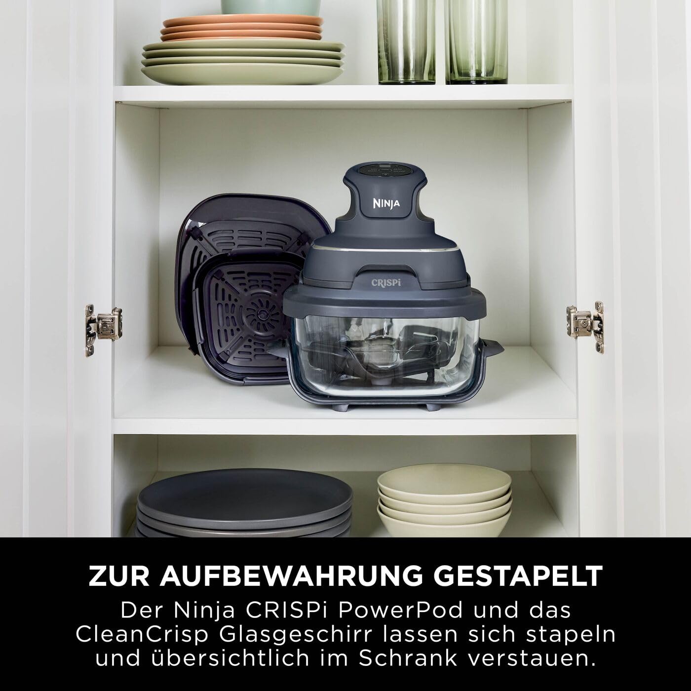 Ninja CRISPi tragbare Airfryer Heißluftfritteuse, 3,8 l, 4-in-1: Heißluftfrittieren, Braten, Warmhalten, Recrisp, kompakt, 6 Portionen, 2x herausnehmbare Glasbehälter & Deckel, 1.700 W, Grau FN101EUGY
