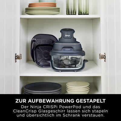 Ninja CRISPi tragbare Airfryer Heißluftfritteuse, 3,8 l, 4-in-1: Heißluftfrittieren, Braten, Warmhalten, Recrisp, kompakt, 6 Portionen, 2x herausnehmbare Glasbehälter & Deckel, 1.700 W, Grau FN101EUGY