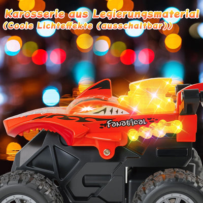 Mini Monstertruck Ferngesteuert, Hai Monster Truck mit Metallgehäuse & Licht, 2.4GHZ Ferngesteuerter Monstertruck mit 360°Drehung, USB-Type-C-Aufladung, 1/64 Ferngesteuertes Auto ab 3 4 5 6 7 8 Jahre