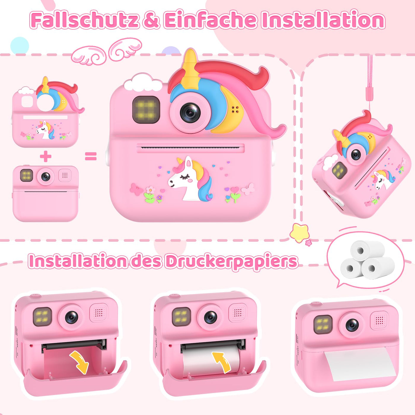 Fippesax Sofortbildkamera Kinder, 1080P HD Kinderkamera mit 32-GB-Karte, 48MP Selfie Kinderkamera Sofortbildkamera, Kinderspielzeug Einhorn Geschenke für Mädchen & Jungen von 3-12 Jahren