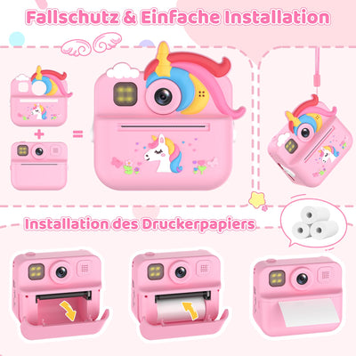 Fippesax Sofortbildkamera Kinder, 1080P HD Kinderkamera mit 32-GB-Karte, 48MP Selfie Kinderkamera Sofortbildkamera, Kinderspielzeug Einhorn Geschenke für Mädchen & Jungen von 3-12 Jahren