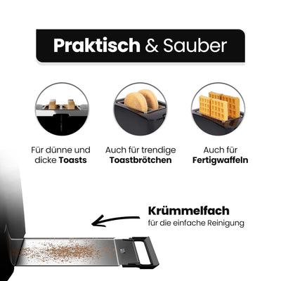 Clatronic® Toaster 2 Toastschlitze | Toaster mit Brötchenaufsatz | Toaster 2 Scheiben mit Liftfunktion | Toster mit Auftau- und Aufwärm-Funktion | für Brötchen und Toast | TA 3801 schwarz