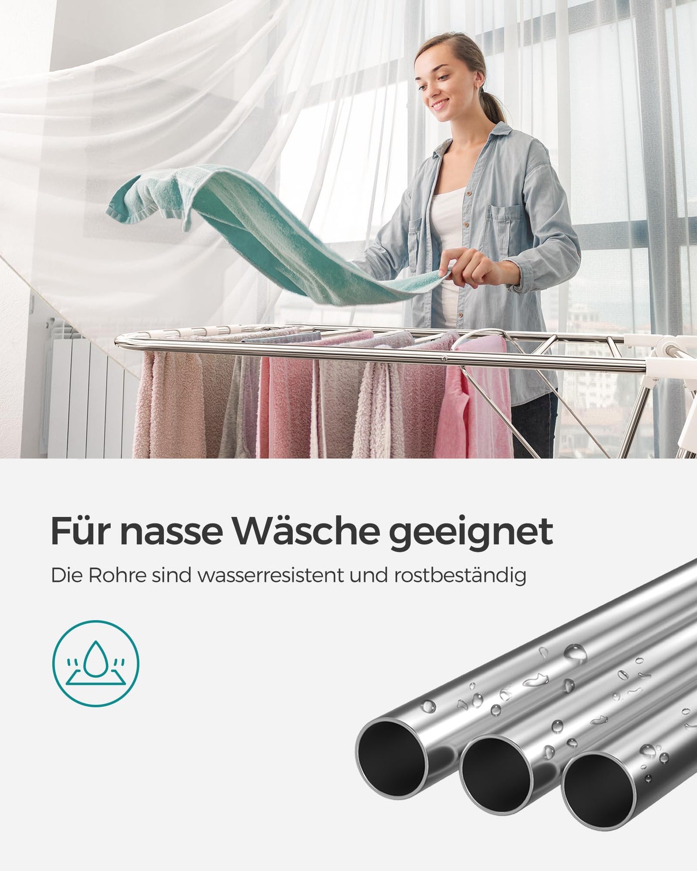 SONGMICS Wäscheständer, Faltbarer Wäscheständer, Wäscheständer mit höhenverstellbaren Flügeln, freistehender Wäschetrockner, Innen- und Außenbereich, Edelstahl, Weiß und Silber LLR502W01