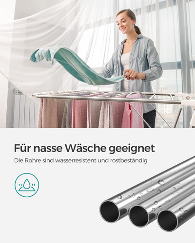 SONGMICS Wäscheständer, Faltbarer Wäscheständer, Wäscheständer mit höhenverstellbaren Flügeln, freistehender Wäschetrockner, Innen- und Außenbereich, Edelstahl, Weiß und Silber LLR502W01