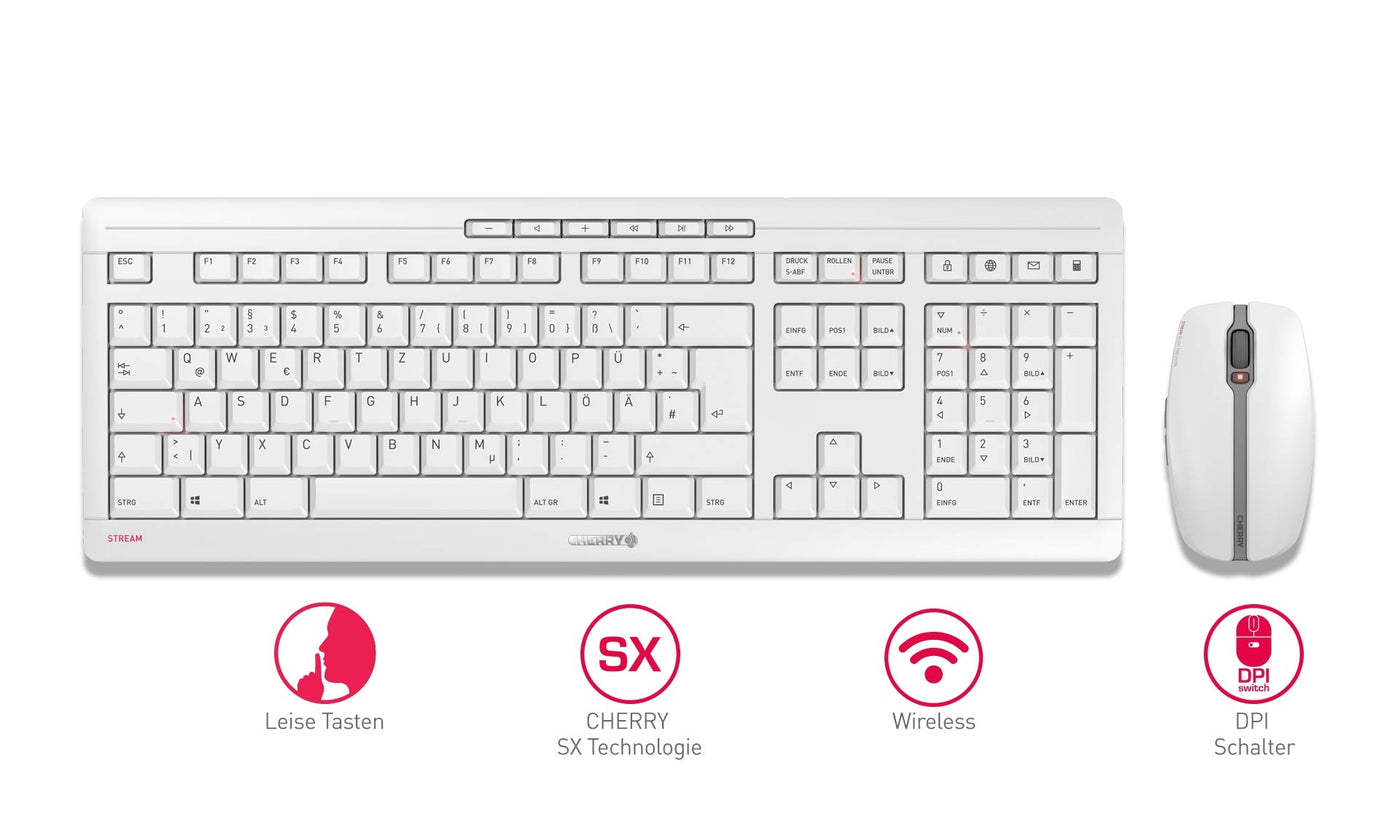 CHERRY STREAM DESKTOP, Kabelloses Tastatur- und Maus-Set, Deutsches Layout (QWERTZ), 2,4 GHz Funk, Leiser Tastenanschlag, Batteriebetrieben, Weiß-Grau