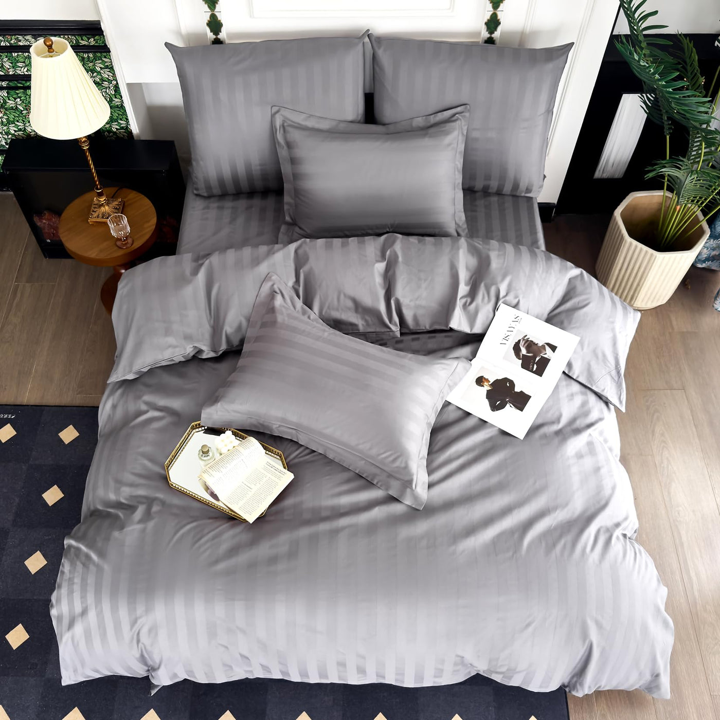 Amolavet Hotel Bettwäsche 135x200 Baumwolle Grau 2teilig Set Bettwäsche 135x200 Mako Satin Baumwolle Damast Streifen Grau mit Reißverschluss für Ganzjährig