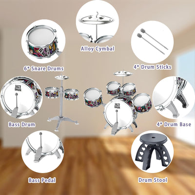 NUC Schlagzeug Kinder 7-teilig mit 2 Becken & Hocker - Trommel Set für Kinder ab 2, 3, 4, 5 Jahren - Musikinstrument, Leicht Aufzubauen & Platzsparend Geburtstag/Weihnachten