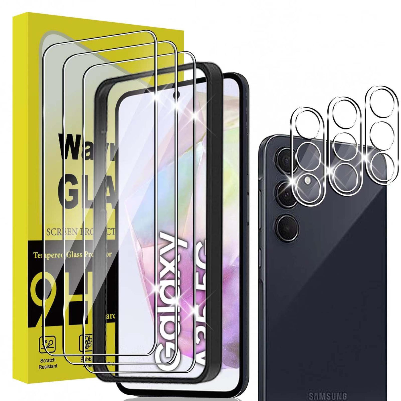 Wayneer Schutzfolie für Samsung Galaxy A35 5G für Panzerglas mit Rahmen Positionierhilfe, 3 Stück Panzer Schutz Glas & 3 Stück Kameraschutz, Anti-Kratzen Folie 9H Härte HD Panzerfolie