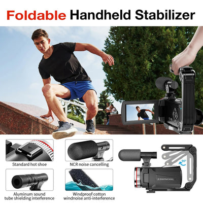 Videokamera 4K 64MP Camcorder Vlogging Kamera für YouTube,21X Digital Zoom, 3" 270° Drehbarer Screen Video Vlogging Dual Camera mit 64GB Karte, Mikrofon, Stabilisator, Fernbedienung,2 Batterien