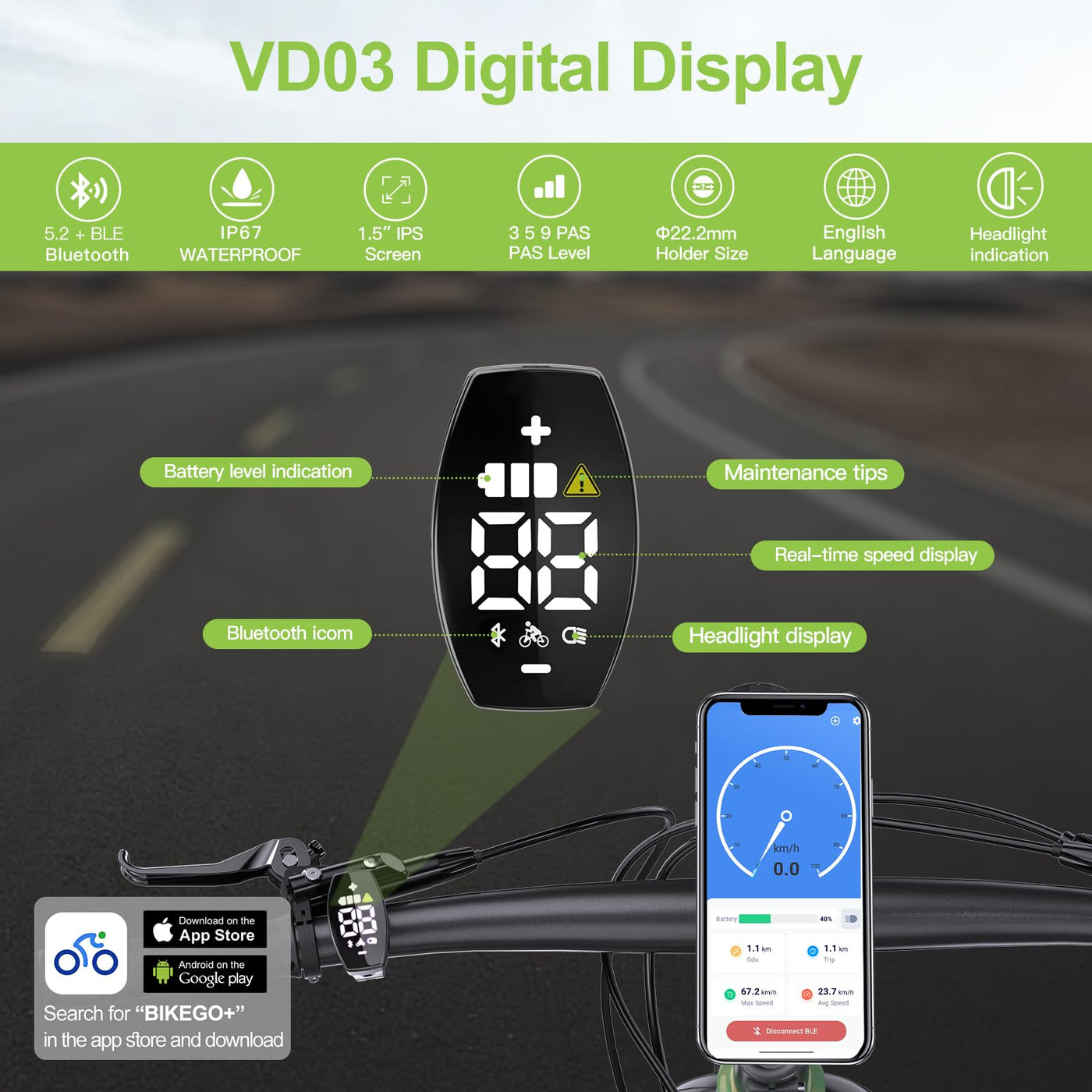 Varstrom VD03 Display für BAFANG-Kit – Kompatibel mit M200 M400 M500 M600 M620 M420 M510 M625 M325 M225 Mittelmotoren und den neuesten 2025 BBS01B BBS02B HD Kits (Dreieck-Stecker)