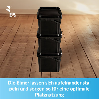 BenBow Rechteckiger Eimer mit Deckel 5X 5l schwarz - lebensmittelecht, stapelbare Kunststoffbox mit Henkel - luftdicht, auslaufsicher, geruchsneutral, ideal für Haushalt und Gewerbe - leer