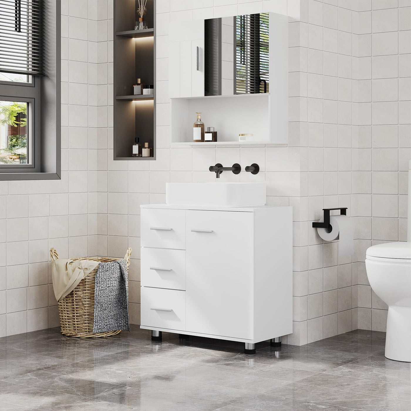 EUGAD Waschbeckenunterschrank, Badezimmerschrank mit 3 Schubladen, 2 Fächer hinter Tür, verstellbare Ablage, Badezimmer Unterschrank, Waschtischunterschrank weiß, 60x59,5x30 cm