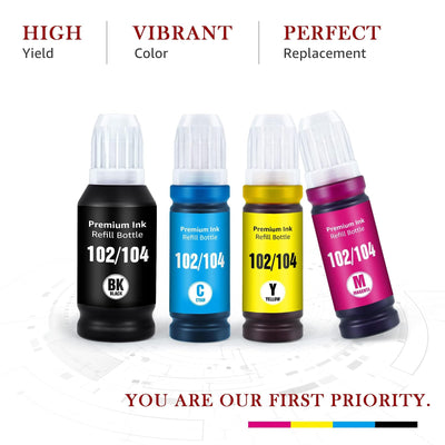 Toner Kingdom 102 Tinte Multipack 104 Tinte Kompatibel für Epson 104 Ecotank 4-Colour Multipack für Epson ET-2720 ET-2710 ET-2715 ET-2820 für Epson 102 EcoTank ET-2750 ET-2850 ET-4750 ET-2856 ET-4850
