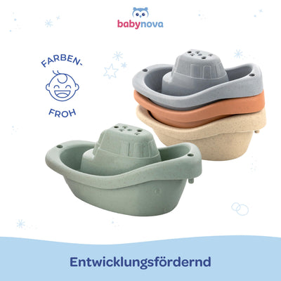 babynova Badeboote – Pädagogisches Baby- und Kleinkindspielzeug – Ab 3 Monaten – 4-teiliges Set – Entwicklung von Motorik und Koordination – Geeignet für Badewanne und Sandkasten – BPA-frei