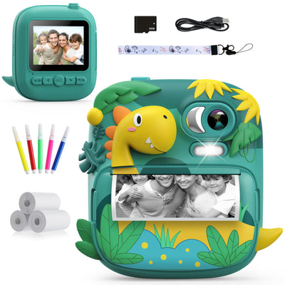 Kinderkamera Sofortbildkamera, CAMCLID 2,4 Zoll Digitalkamera Kinder Dinosaurier Sofortbildkamera mit 32G Karte und 3 Rollen Druckpapier, Geschenke für Jungen und Mädchen 3-12 Jahre