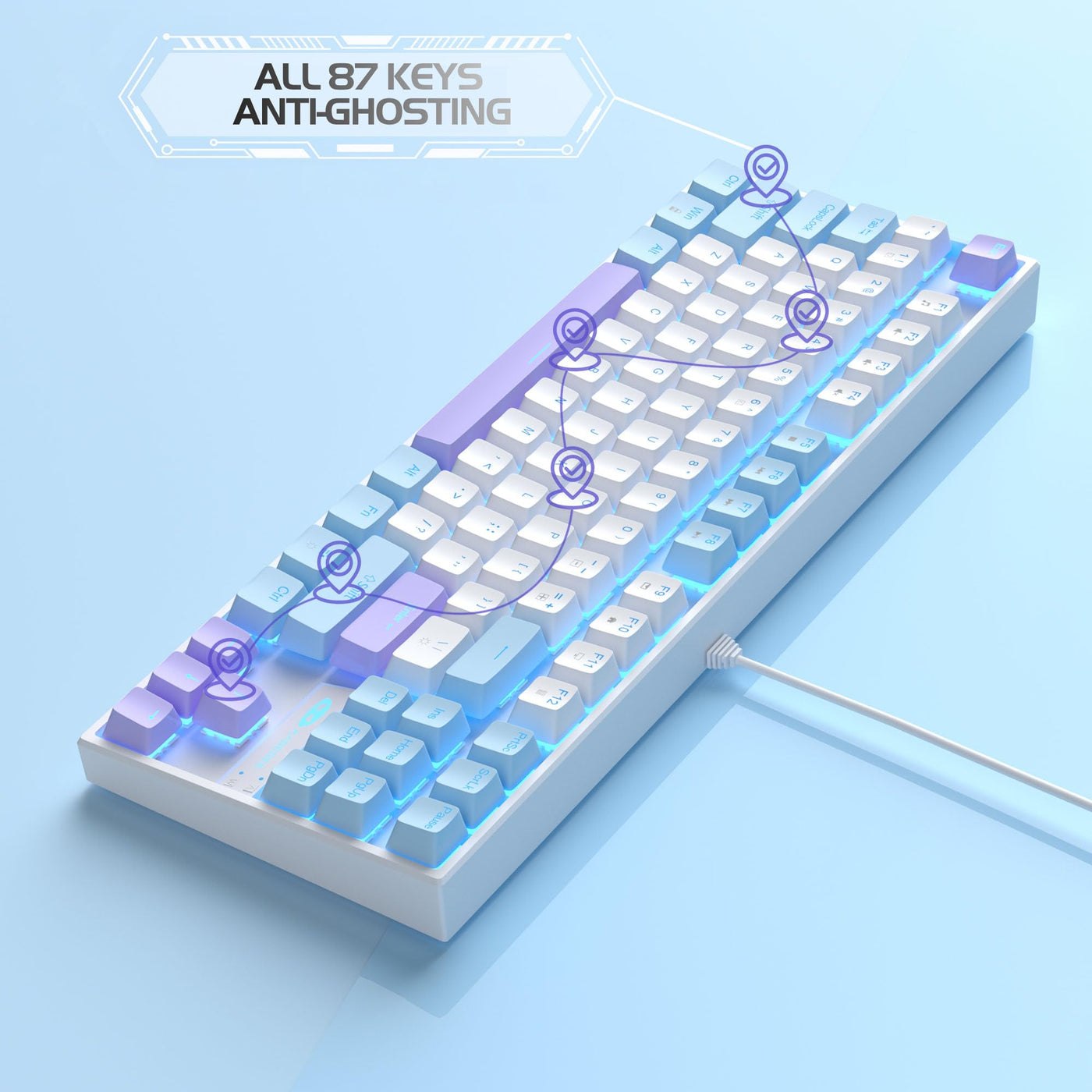 MageGee 75% Mechanische Gaming-Tastatur mit rotem Schalter, LED-Tastatur mit blauer Hintergrundbeleuchtung, kompakte TKL kabelgebundene Computertastatur für Windows Laptop PC Gamer,Weiß/Blau