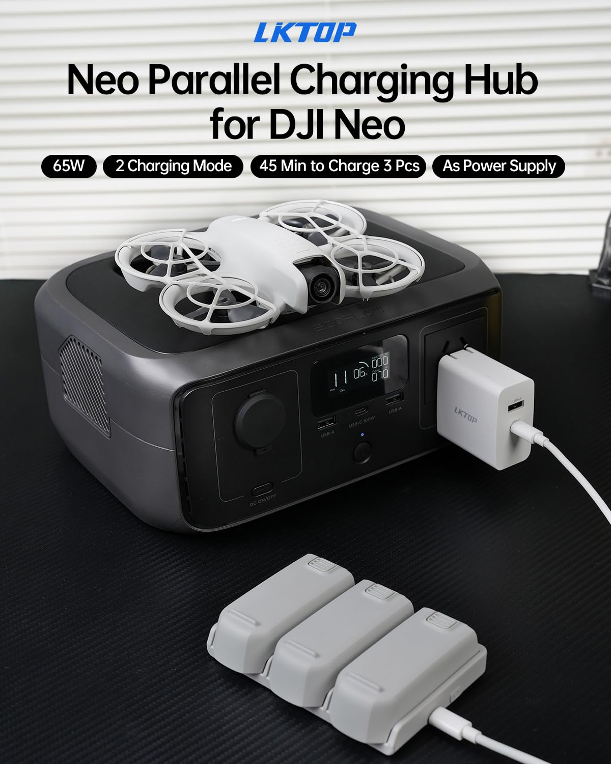 LKTOP Ersatz DJI Neo Zwei-Wege-Ladehub 65W Superschnelles Batterieladegerät USB-C Parallelstromadapter für DJI Neo Drohnenzubehör, Speicher-/Ausgangsmodus (Laden Sie 3 Akkus gleichzeitig:45min)