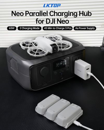 LKTOP Ersatz DJI Neo Zwei-Wege-Ladehub 65W Superschnelles Batterieladegerät USB-C Parallelstromadapter für DJI Neo Drohnenzubehör, Speicher-/Ausgangsmodus (Laden Sie 3 Akkus gleichzeitig:45min)