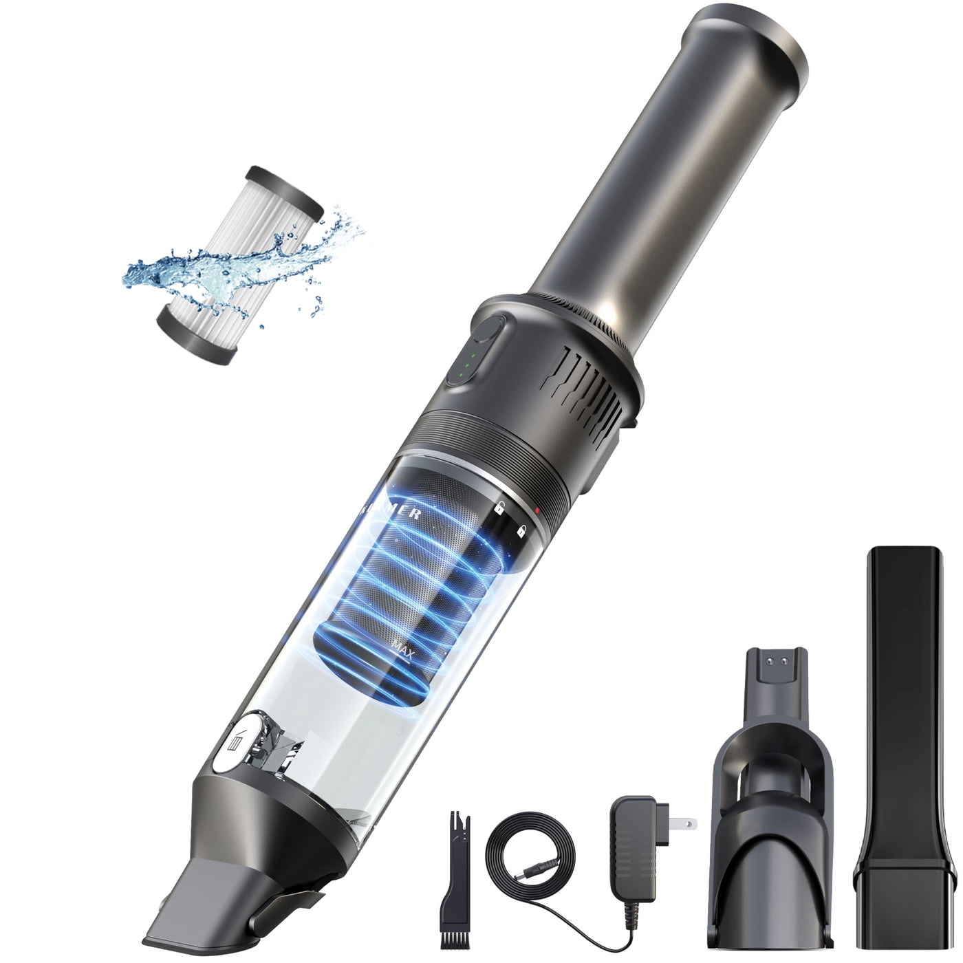 KLAMER Handstaubsauger, 140W Akku Handstaubsauger, Leistungsstark mit 16.000 PA und 36 min Laufzeit, Kabelloser Handstaubsauger inkl. Ladestation für Büro, Haus & Auto, beutellos