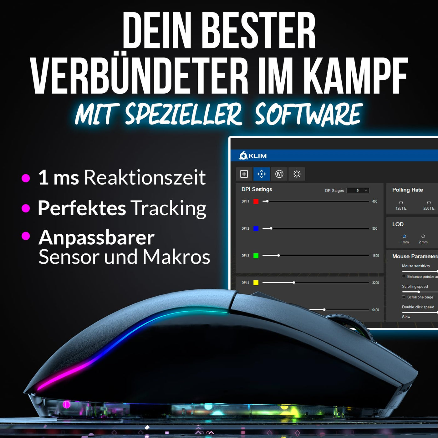 KLIM Blaze X RGB + NEU 2024 + Wiederaufladbare kabellose Gaming-Maus mit Ladestation + Langlebiger Akku + Bis zu 12000 DPI + Kabelgebundene & kabellose Maus PC, PS5, PS4, Mac + Schwarz