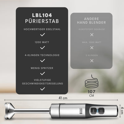 LEBENLANG 1200W Stabmixer Edelstahl - Inkl. 800ml Messbecher & Spritzschutz I Stufenlos verstellbar & Turbo I Pürierstab Zauberstab Mixer Mixstab Elektrische Hand Blender Purierstabmixer Pürierstäbe