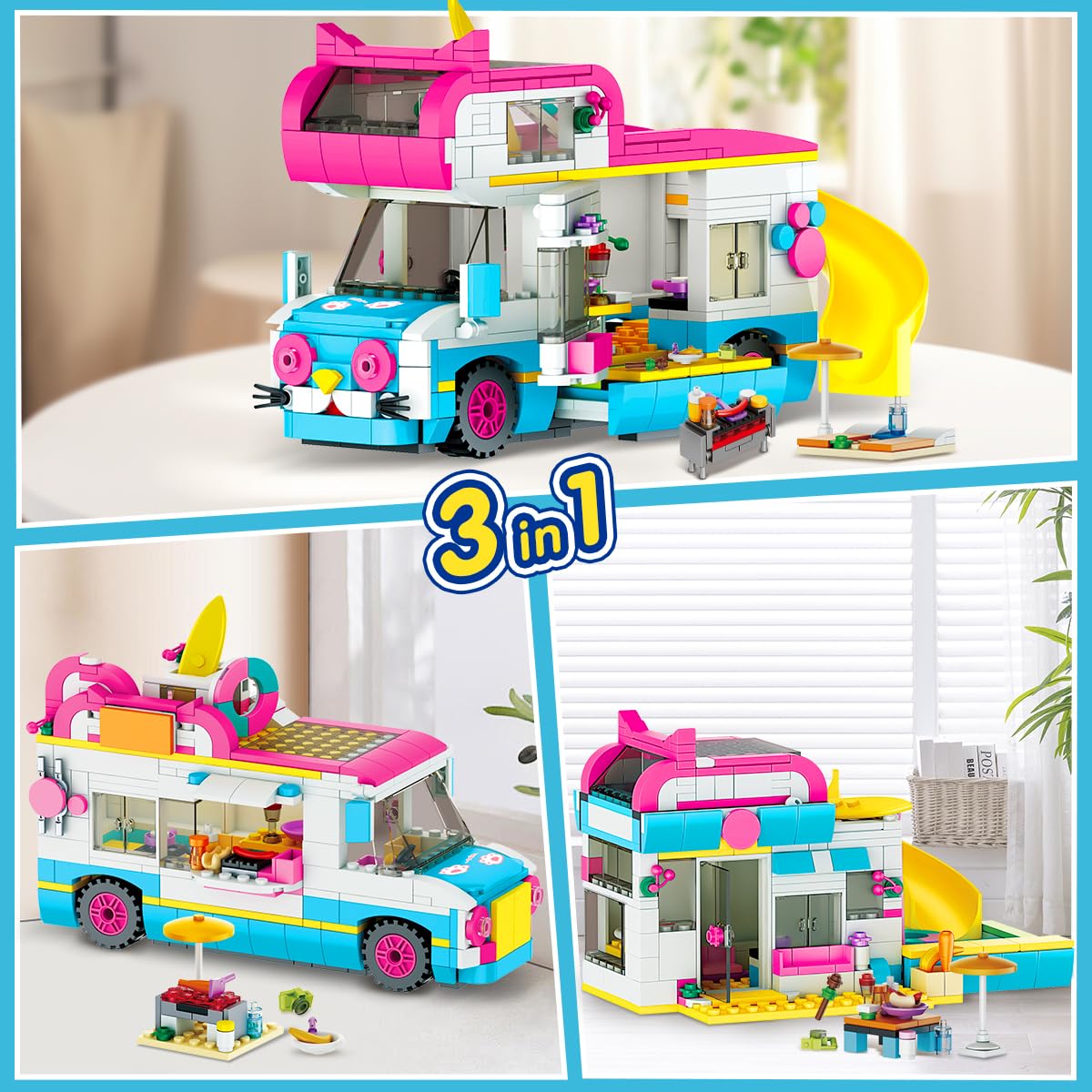 CUBIMANA 3-in-1 Wohnmobil Bausteine Spielzeug, Campingbus Wohnwagen Konstruktionsspielzeug mit Rutsche und Aufklebern, Geschenke für Kinder Mädchen und Jungen ab 6 7 8 9 10 11 12+ Jahre (494PCS)