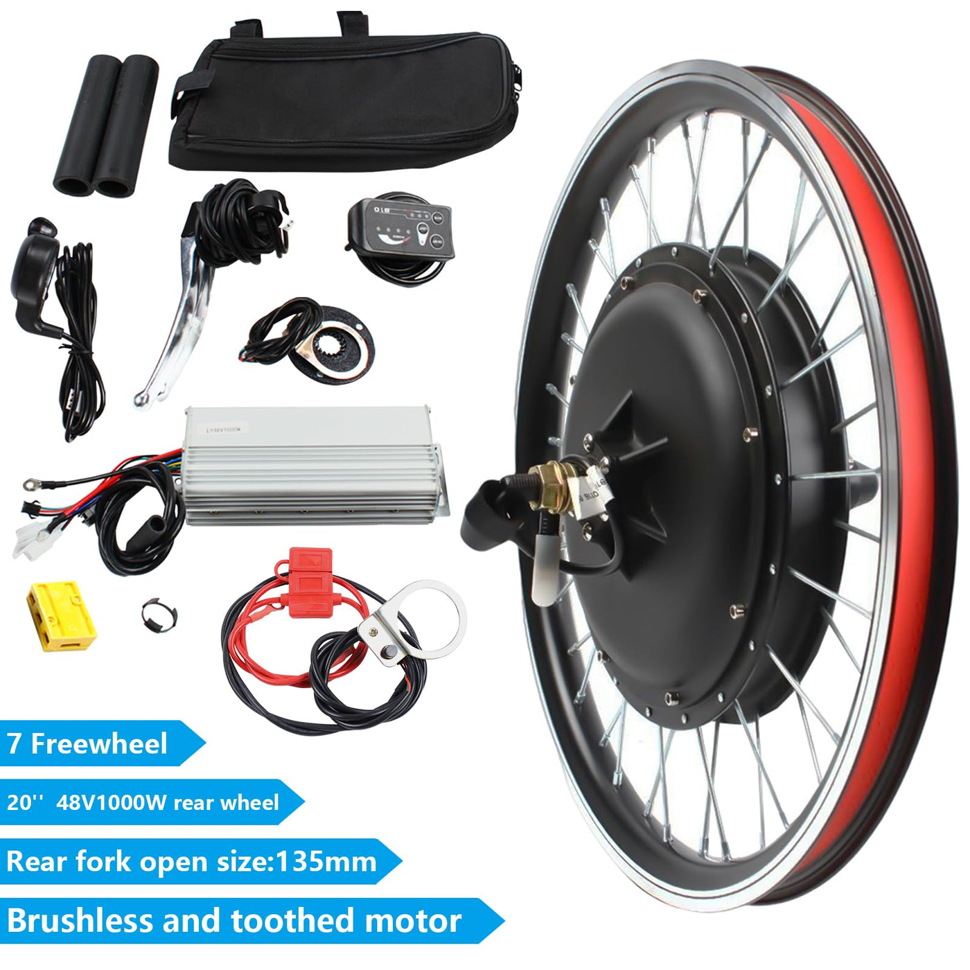Donened - 20" Ebike Umbausatz, E-Bike Hinterrad Umbausatz Kit mit LED-Anzeige, 48V 1000W 43KM/H Elektrofahrrad Umbausatz, Ebike Conversion Kit
