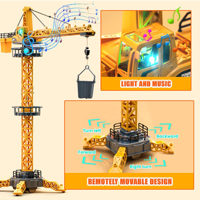 JONRRYIN Ferngesteuerte Turmkran, 12 Kanäle 2,4 Hz RC Turmdrehkran, 680 Grad Rotation Ferngesteuerte Tower Crane mit Lichter Geräusche und Verkehrsschilder Set für Kinder