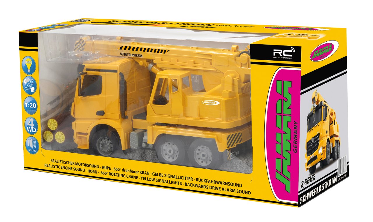 JAMARA 404950 - Schwerlastkran Mercedes Arocs 1:20 2,4G - drehbarer und ausfahrbarer Kran, Seil Heben/senken, realistischer Motorsound, Hupe, Rückfahrwarnsound, 4 Radantrieb,gelbe LED Signallichter